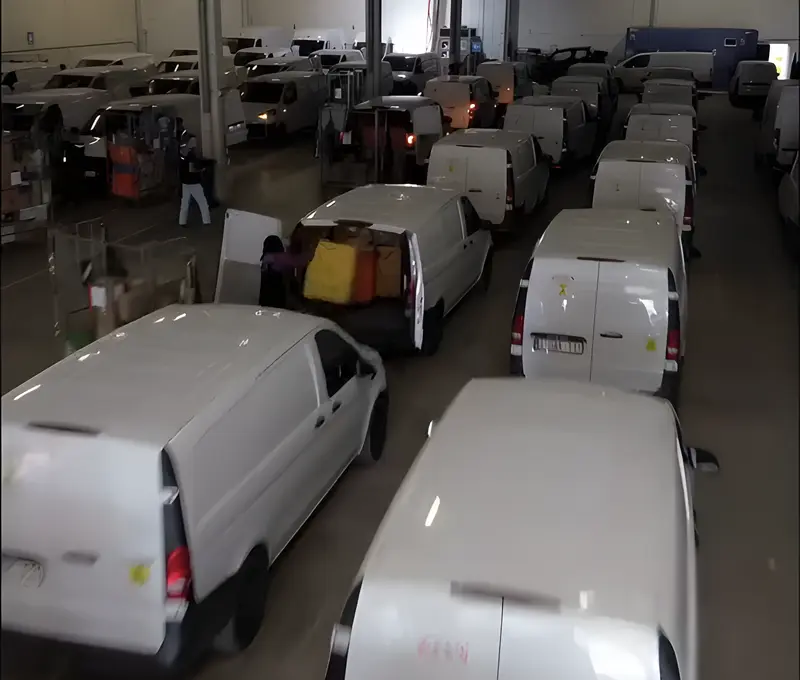 Camionnettes alignées en station avant le départ des tournées